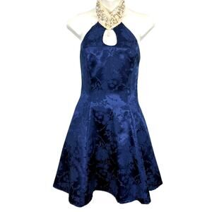 Maurices Vintage Navy Satin Floral Beaded Choker Halter 90s Y2K Prom Dress sz XS